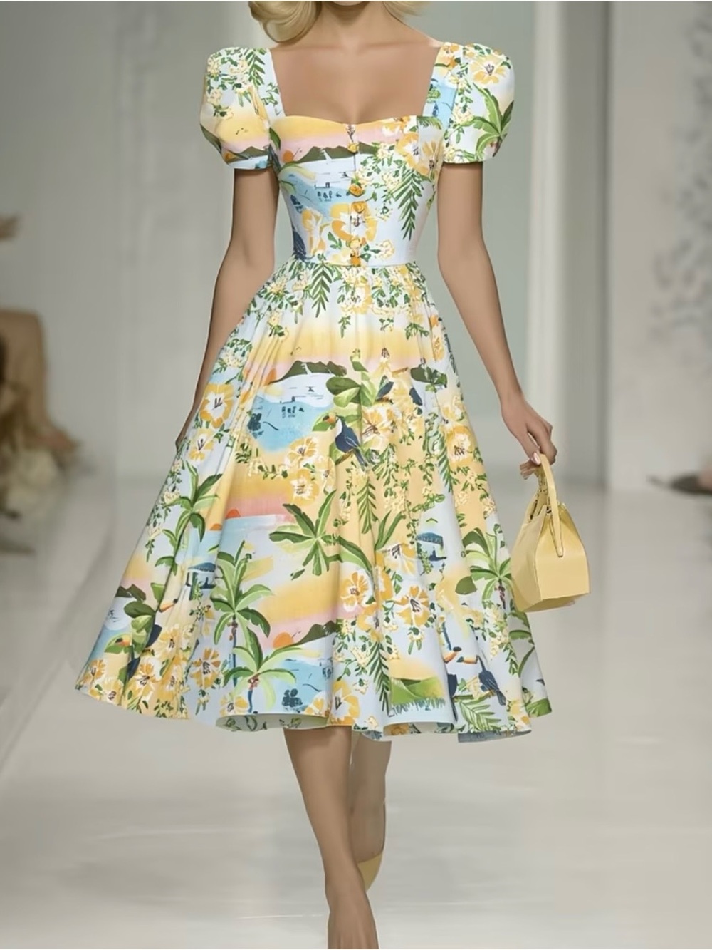 Floral Square-Neck Midi Dress Large 8/10